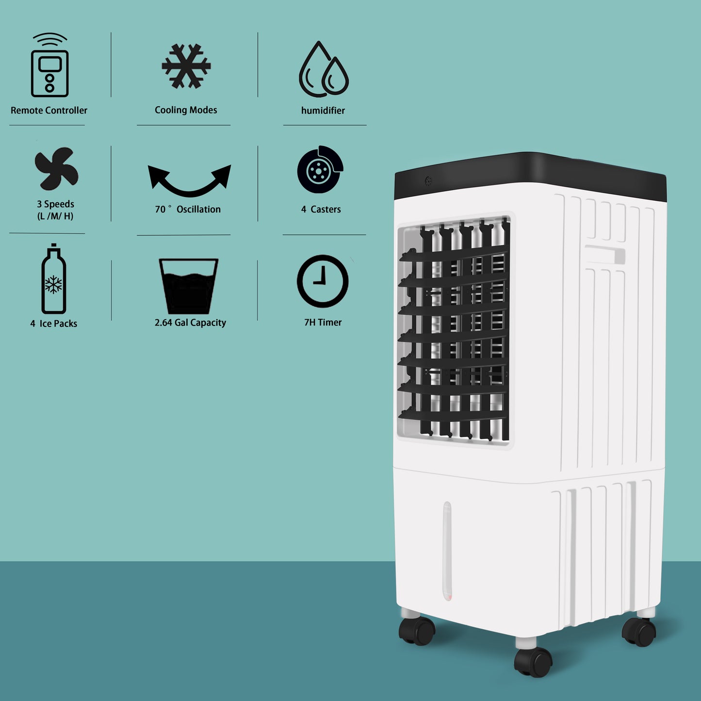 Portable Evaporative Air Cooler & Humidifier Fan, Energy Efficient Swamp Cooler with Remote, 3 Speeds, Timer - Indoor/Outdoor Cooling for Home, Room, Office, Low Energy AC Alternative