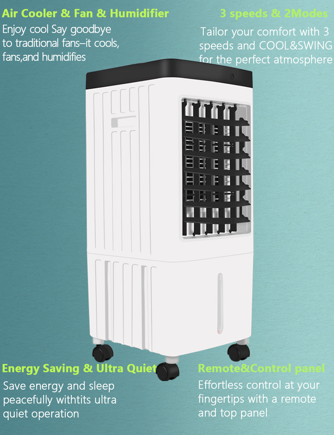 Portable Evaporative Air Cooler & Humidifier Fan, Energy Efficient Swamp Cooler with Remote, 3 Speeds, Timer - Indoor/Outdoor Cooling for Home, Room, Office, Low Energy AC Alternative
