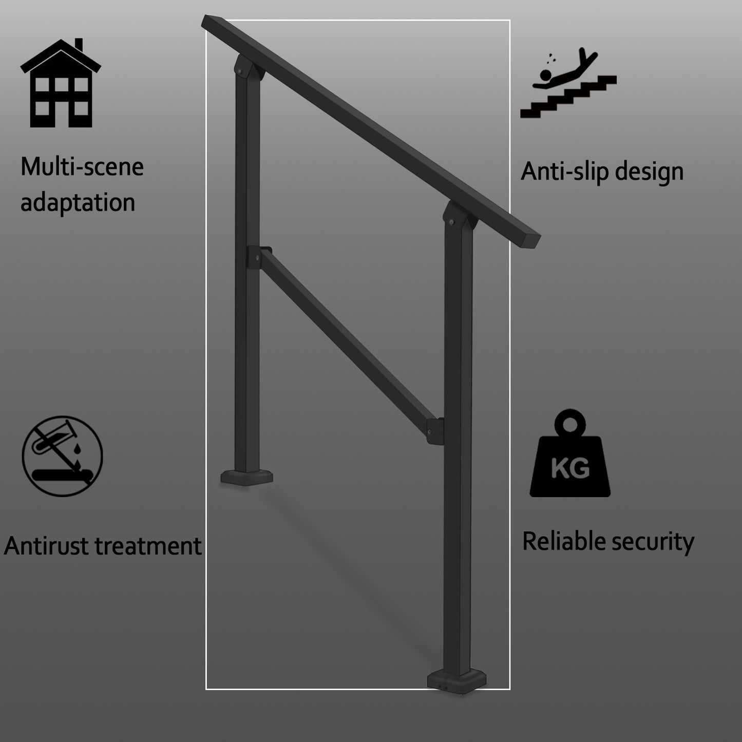 Handrails for Outdoor Steps,Anti Rust Coating Heavy Duty Handrail Supports with Stainless Steel Screw Installation Kit for Concrete/Wood/Brick (2-3 Step)